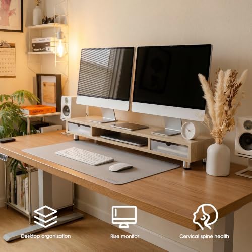 Fenge Dual Monitor Riser with 2 Drawers, 42.5in Long Desk Shelf, Oak