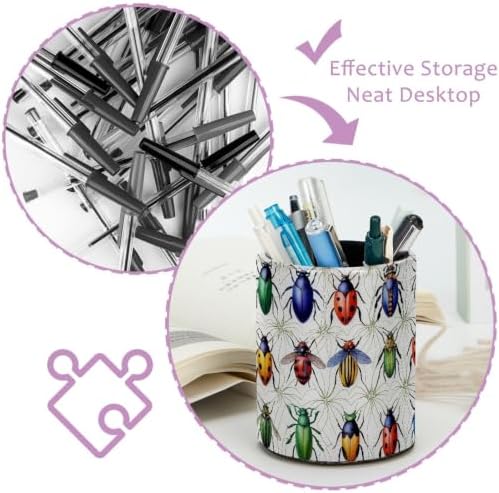 Leather Pen Holder for Desk, Beetle Pencil Cup Pen Organizer Makeup Brush Holder for Office Home Kids Countertop Desk Accessory Storage
