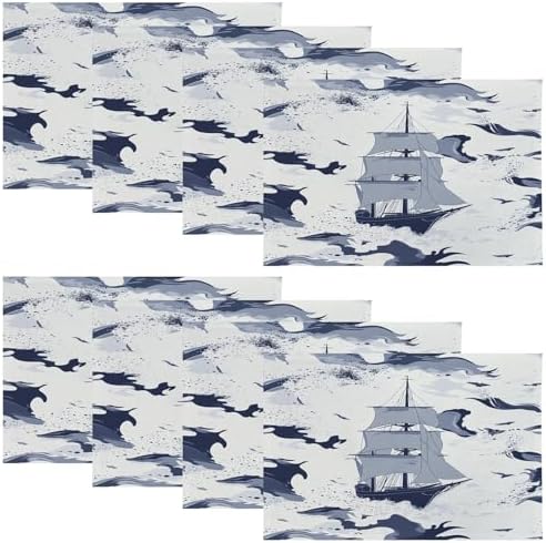 Sailing Ship Maritime Linen Placemats, Ocean Waves Nautical Table Mats for Table Washable Heat Insulation Thick Dining Mat, Indoor/Outdoor 12X18 in 8 Pcs