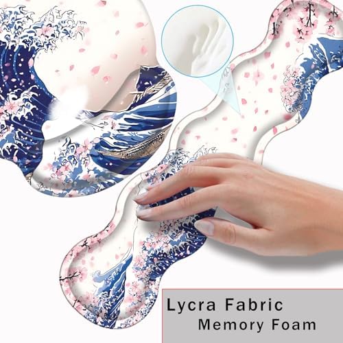 Mouse Pad,Large Pink Desk Mat, 4in1 XXL Mousepad + Keyboard Wrist Rest+Mouse Wrist Rest+Coaster Set with Ergonomic Desk Pad for Home Office Table Computer-Japanese Sea Wave