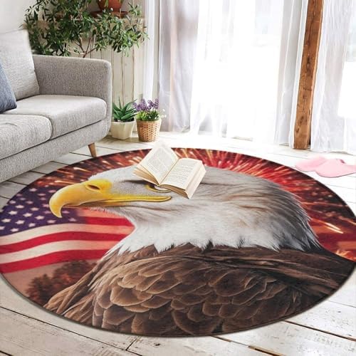 Large Round Area Rug Home Decor Modern Bathroom Rug Kitchen Office Circle Rug for Living Room Sofa Circle Cute Mat Bald Eagle American Flag Fireworks Art, 36inch
