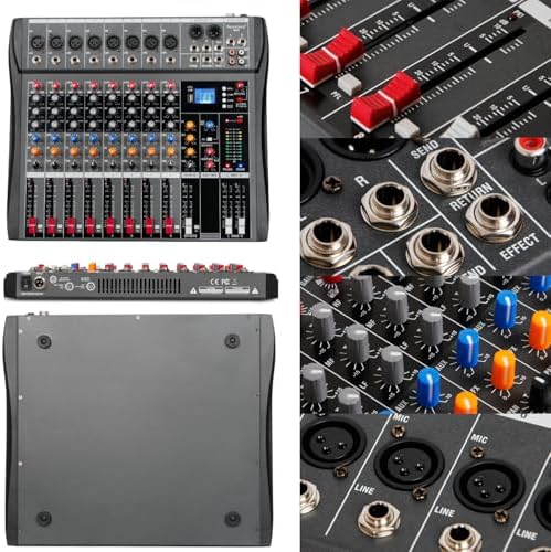 Depusheng Audio Mixer Professional 8 channel,DX8 Sound Board DJ Mixing Console System Interface USB MP3 Input Bluetooth 48V Phantom Power,Black, USB Audio Mixer for PC,for Studio Karaoke Live Music