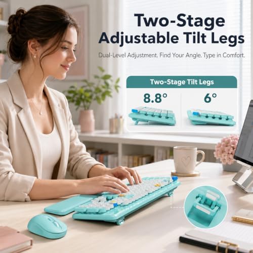 Wireless Keyboard and Mouse Combo, Pale Turquoise, Magnetic Wrist Rest
