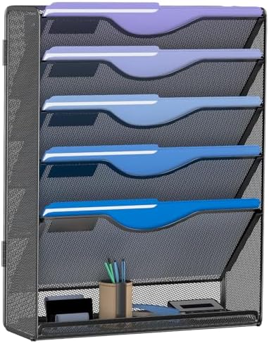 Gawerk 6 Tier Hanging File Organizer, Mesh Wall File Holder Paper Folder Rack with Bottom Flat Tray for Office Home, Black