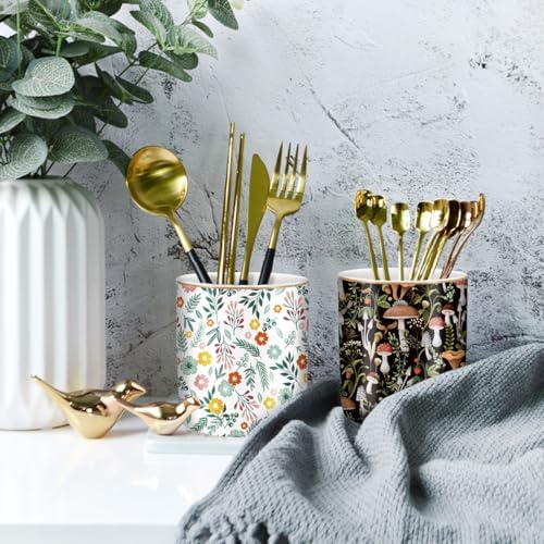Pen Pencil Holder for Desk, Ceramic Pen Cup Cute Makeup Brush Holder, Unique Desk Multifunctional Pens Organizer for Home, Office, Mushrooms Pattern
