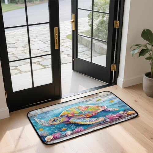 Summer Ocean Turtle Wood Door Mat Kitchen Mats, Indoor Outdoor Rugs, Cushioned Anti Fatigue Absorbent Kitchen Rug, Non-Slip Standing Desk Mat, Front Door Rug for Floor, Bathroom, Sink, 20"×39"