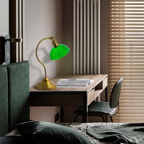 O'Bright Bankers - Cordless LED Table Lamp, Battery-Operated, Rechargeable, 3-Level Dimming, Universal USB-C Charging, 180° Swivel Head, Classic Green Glass Shade, Antique Brass