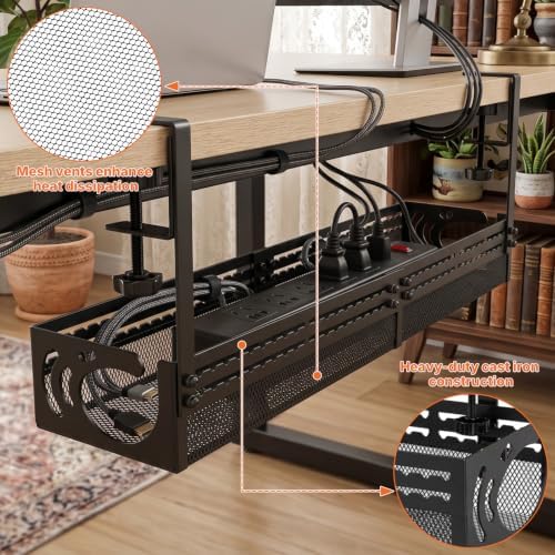 Under Desk Cable Management Tray, 15-25in Retractable Metal Cord Organizer Rack, No Drill Desk Tray with Clamp, Anti-Slip Pads Cable Tray for Home, Office, Gaming, Standing Desks