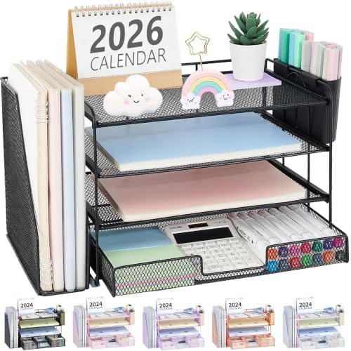 OPNICE Desk Organizer, 4-Tier Desktop File Organizer with Drawer and Pen Holders, Office Desk Accessories, File Sorters, Workspace Organizers for Office Supplies(Black)