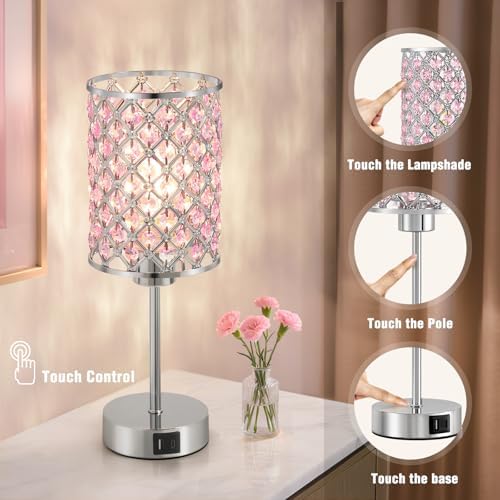 GyroVu Pink Crystal Bedside Table Lamps Set of 2 with USB C+A Ports