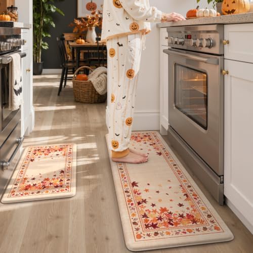 KIMODE Fall Kitchen Mats Cushioned Anti Fatigue 17"x47"+17"x29", Beige Kitchen Mats for Floor, Padded Kitchen Floor Mats Non Slip, Autumn Maple Leaves Standing Mat for Laundry Office Sink Desk