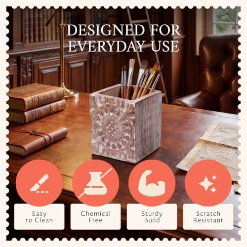Mela Artisans Ajenta Mango Wood Pen Holder - Whitewash