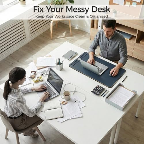 Desk Mat – Double-Sided Vegan Leather & Felt | Built-In Magnetic Cable Organizer & File Storage | Premium Workspace Pad for Office, Gaming & Creative Professionals-（Green）