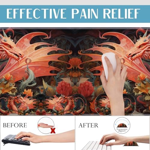 4 in 1 Mouse Pad Combo, Large Gaming Mouse Pad + Keyboard Wrist Support + Mouse Wrist Rest + Coaster, Table Pad with Stitched Edge Ergonomic Wrist Pad Set, Dragon