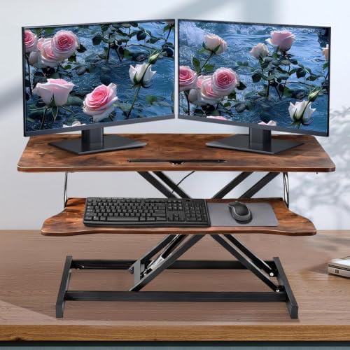 38-inch Standing Desk Converter Height Adjustable Sit to Stand Up Workstation, Duals Monitor and Laptop Riser with Wide Keyboard Tray, for Home, School, Company, Brown