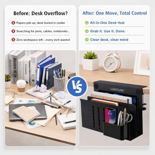 LUKETURE Desk Side Storage, 2 Tie Laptop Holder No Drill Clamp On Organizer