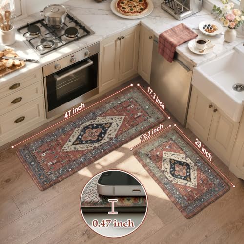 KIMODE Farmhouse Kitchen Mats, Anti Fatigue Kitchen Rugs Sets of 2 Red