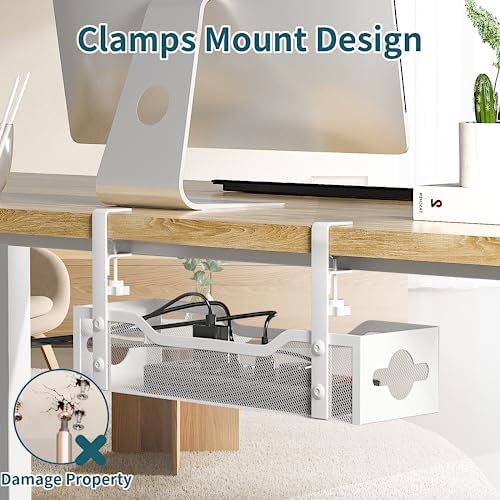 Under Desk Cable Management Tray 2 Pack, No Drill Cable Organizer With Clamp for Standing Desk, Easy to Install Cord Management System, No Damage Wire Organizer