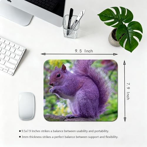 9.5x7.9 Inch Office/Gaming Mouse Pad, Lovely Purple Woodland Squirrel Adorable Forest Animal, Cute Anti-Slip Mat for Desk Decor