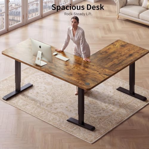 WALKINGDESK 75x61 Inches Reversible L Shaped Standing Desk Height Adjustable with Cup Holder, Electric Corner Computer Workstation for Home Office, Ergonomic Sit Stand up Gaming Desk, Rustic Brown