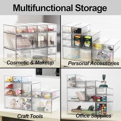 Acrylic Makeup Organizer, 10 Drawers Clear Storage Organizer Desktop Stackable Storage Drawers, Plastic Organizer Bins for Makeup, Stationery, Cosmetics, Vanity, Bathroom,Cabinet,Pantry Office Desk