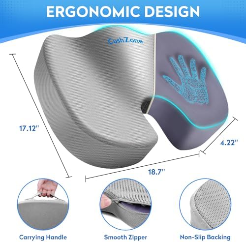 CushZone XXL Memory Foam Seat Cushion for Office & Car, Light Gray