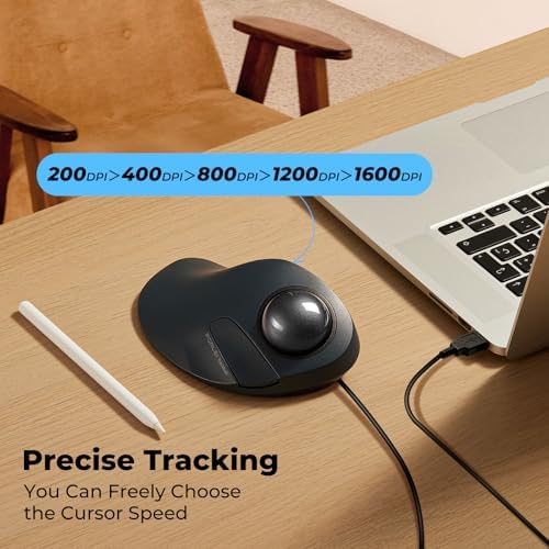 Wired Ergonomic Trackball Mouse for Large Hands, 44mm Index Finger Control