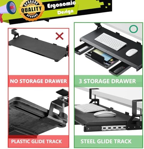 ETHU Under Desk Keyboard Tray with Metal Slide Rail, 26.8x11.8", Black