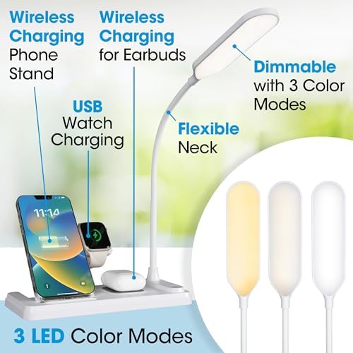 OttLite LED Desk Lamp with Multi-Device Wireless Charging Station, White