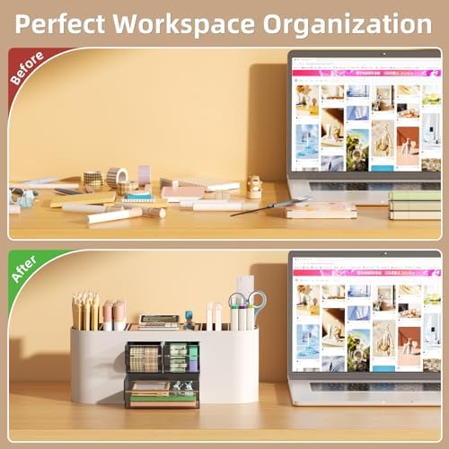 Marbrasse Desk Organizer Pen Holder for Desk with 3 Drawers, Multi-Functional Pencil Holder, Desk Organizers and Accessories with 7 Compartments for Home, School, Classroom(Grey)