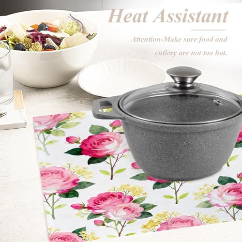 Shrahala Beautiful Rose Flower Placemats, Beautiful Flower Elegant Table Mat Linen Burlap Washable Double-Deck Heat Insulation for Dining Table Kitchen Table Set of 4 (12 x 18 inch)