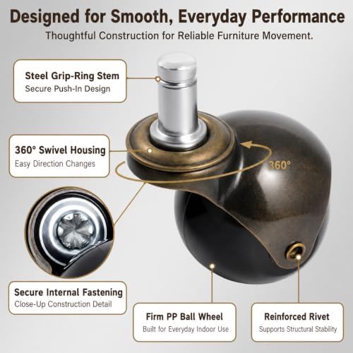 2 Inch Brass Caster Wheels, 5 Pack Antique Ball Casters, 7/16" × 7/8" Stem