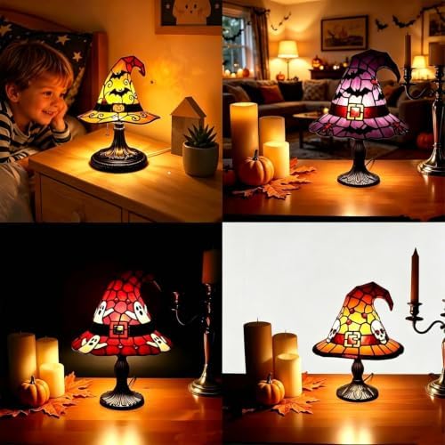 Stained Glass Witch Hat Lamp, Handcrafted Resin Halloween Witch Lamp (Purple)