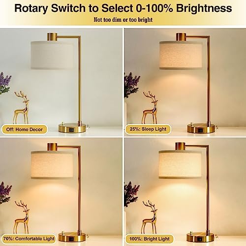 Gold Table Lamp Set of 2, Dimmable Bedside Lamps for Night Stands, USB A+C