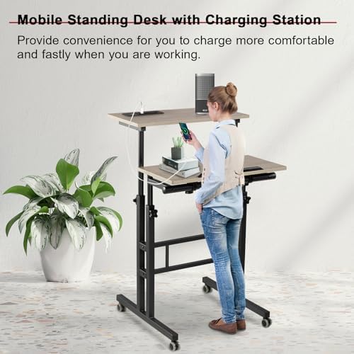 Hadulcet Mobile Standing Desk Adjustable Height with Charging Station