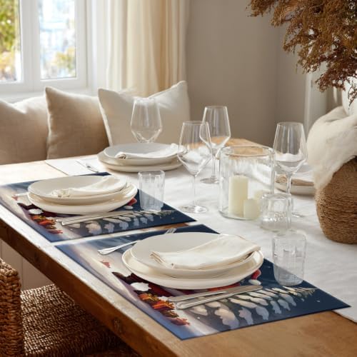 Shrahala Christmas New Year Set of 8 12 X 18 Inch Linen Placemats, Santa Claus Snow Presents Christmas Trees Burlap Table Mat Washable Double Layered Heat Insulation for Indoor