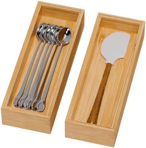 Lixple Bamboo Kitchen Drawer Organizer, 2 Pack, 10" x 3.5" x 2"