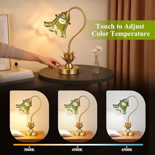 PARTPHONER Cordless Flower Table Lamp with Glass Lampshade, 5200mAh Rechargeable Battery, 3-Color Dimmable Touch Control, Portable Desk Lamp for Nightstand, Patio, Camping, Restaurant & Home, Green