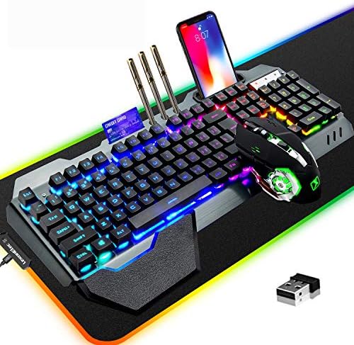 Wireless Gaming Keyboard Mouse & Mouse Pad Kit,3 in 1 RGB Backlit Rechargeable Keyboard Mouse with 3800mAh Battery Metal Panel Removable Hand Rest,RGB Gaming Mousepad(32.5x12inch),Gaming Mouse
