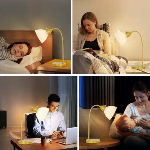 RISLG LED Desk Lamp for Home Office, 3 Levels Dimmable Reading Light, Flexible Table Lamp for Bedside Office, Rotary Switch Control, Desk Lamp for College Dorm Study Lamp, Bulb Included, Gold