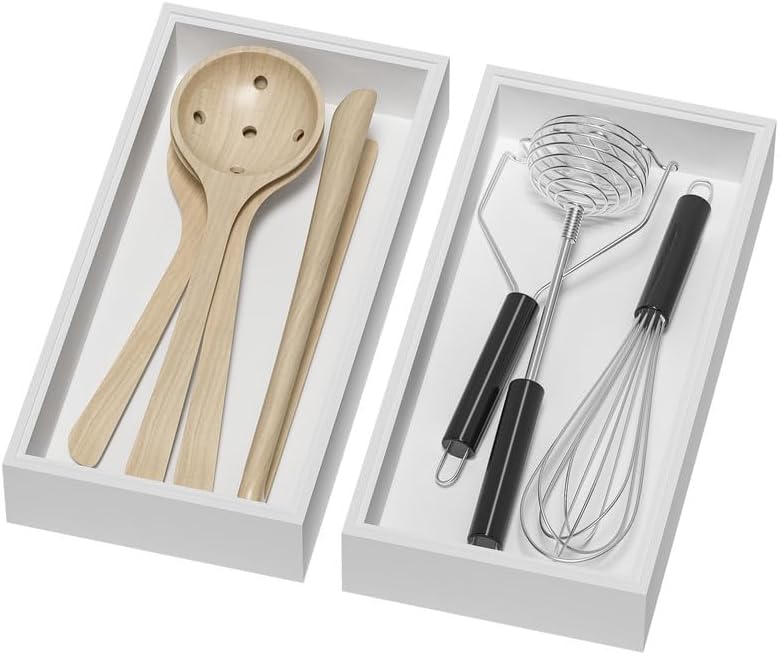 Lixple Bamboo Kitchen Drawer Organizer, 2 Pack, 12" x 6" x 2", White