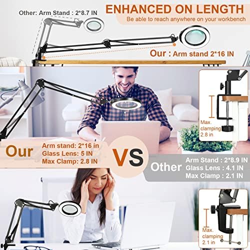 VEEMAGNI 5 Inch Large Real Glass Magnifying Glass with Light and Stand, 5 Color Modes Stepless Dimmable, 2*16 Inch Swivel Arm LED Clamp Desk Lamp, Hands Free 12X Lighted Magnifier for Close Work Craft