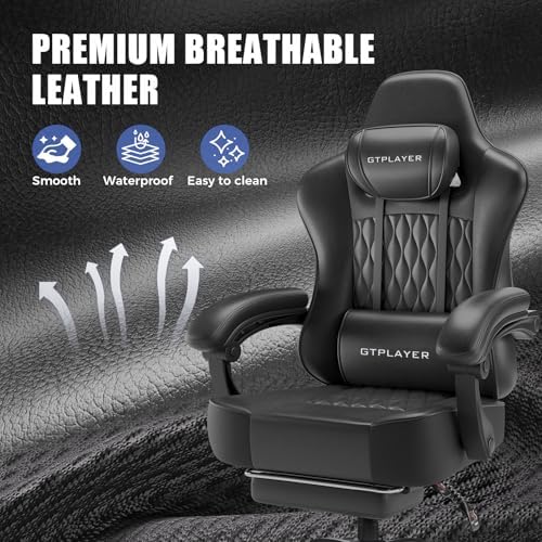 GTPLAYER Big and Tall Gaming Chair with Footrest, Ergonomic Office Desk Chair with 4.4in Thick Cushion and Wide Wingless Seat, Comfortable Leather Computer Chair, Predator Series, Satin Black
