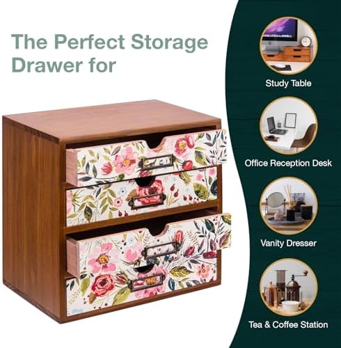 4-Drawer Vintage Desk Wood Storage Box With Drawers in Floral Chintz - Wooden Table Organizer I End Clutter & Dullness, Personalize Your Workspace - Beautiful Flower Design for Office & Home