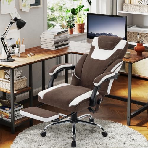 Massage Office Chair with Footrest,6-Point Vibration & Heat Executive Office Chairs,Ergonomic Desk Chair for Heavy People,Recliner with Padded Armrest,500LBS Big and Tall Office Chair,Brownwhite