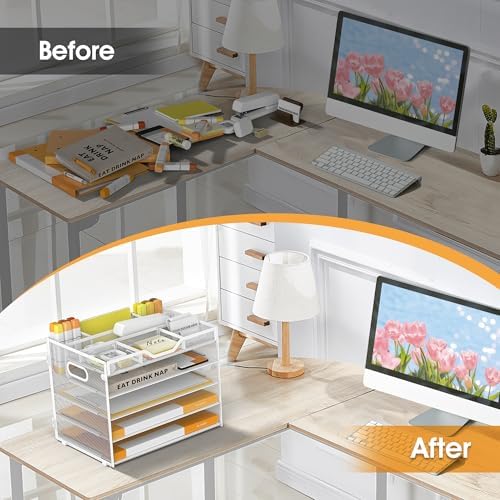 5 Tier Paper Letter Tray Desk Organizer with Pen Holders - White