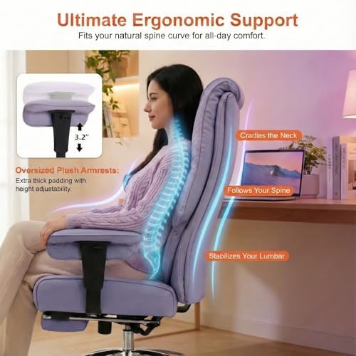 EXCEBET Big and Tall Office Chair 400lbs Wide Seat, Leather High Back Executive Office Chair with Foot Rest, Ergonomic Chairs Lumbar Support for Lower Back Pain Relief (Light Purple)