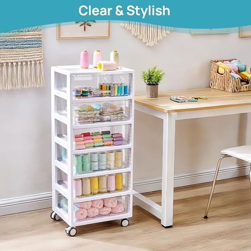 Vtopmart Rolling Drawer Cart, 6 Tier, Clear, Deep Drawers