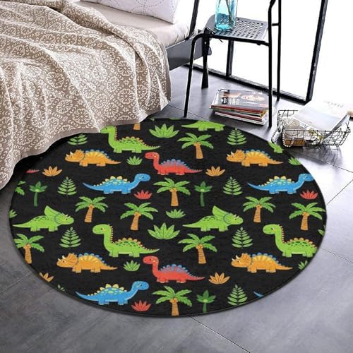 Fashion Round Area Rug Large Non Slip Carpet, Cute Colorful Cartoon Dinosaurs Black Unisex Home Decor Mat, 60inch