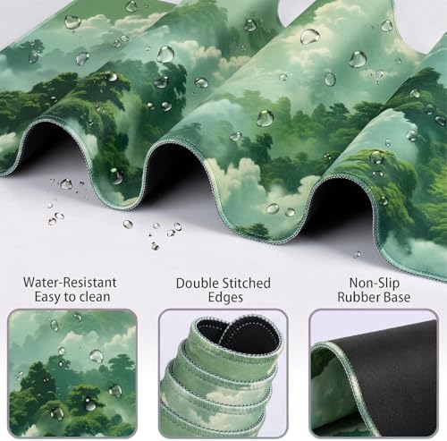 Green Cloud Mouse Pad and Keyboard Wrist Rest 4PCS Extended Forest Mountain Aesthetic Large Desk Mat Pad Set Memory Foam Non-Slip Cute Ergonomic Gaming Mouse Pad Wrist Support for Computer Home Office